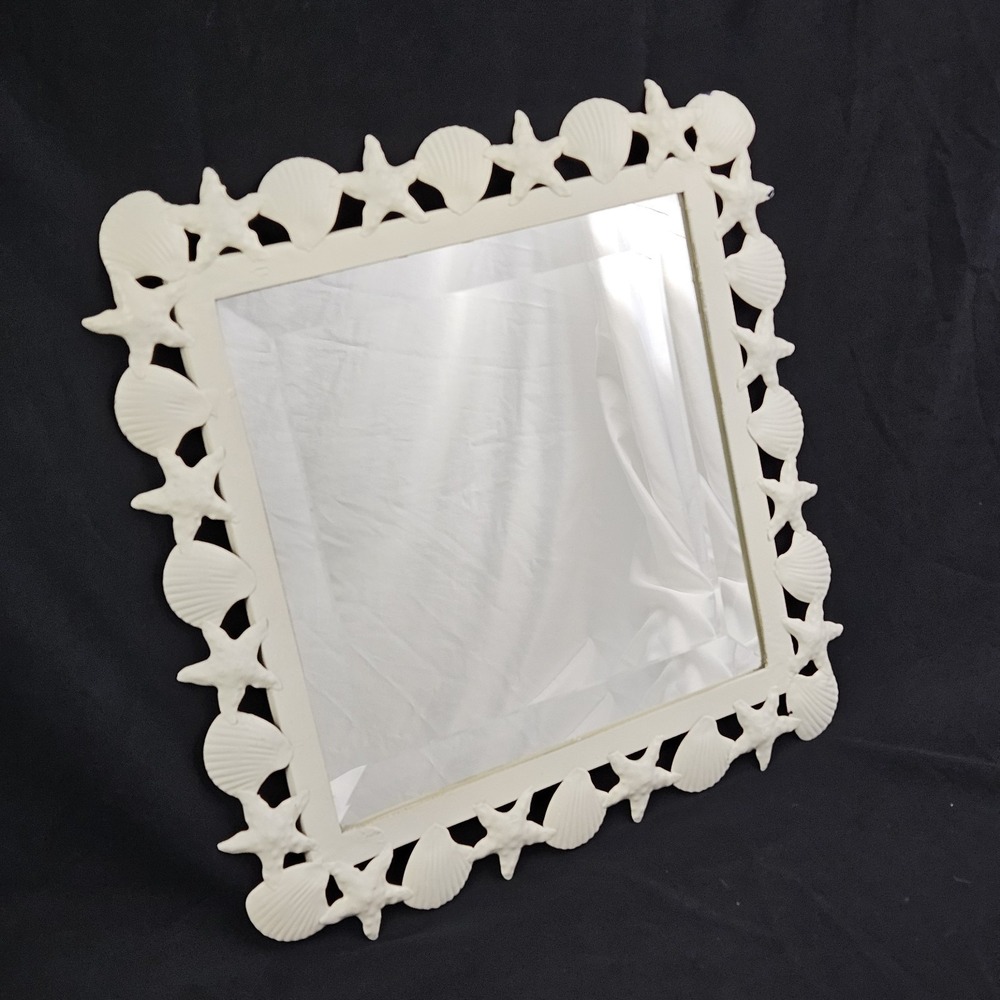 Vintage Seashell Beveled Mirror Starfish Metal Frame Palm Beach Nautical Coastal